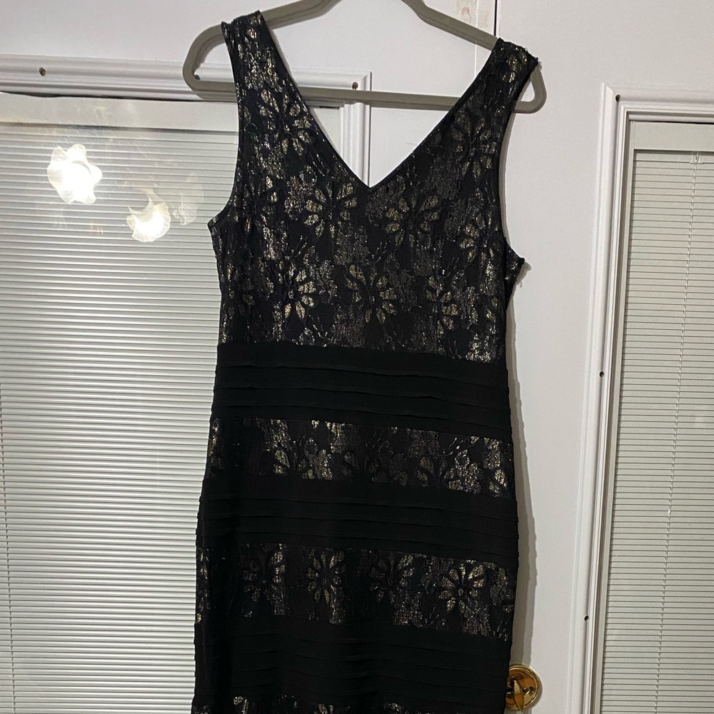 Candalite Formal Evening Dress Black Gold Floral Lace V-Neck Maxi Dress M